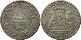 Altdeutsche Münzen und Medaillen, BREMEN-STADT. Taler 1865 B, Silber. Zweites deutsches Bundesschiessen. Jungk 1206, Jaeger 27. Thun 126, AKS 16. Sehr...