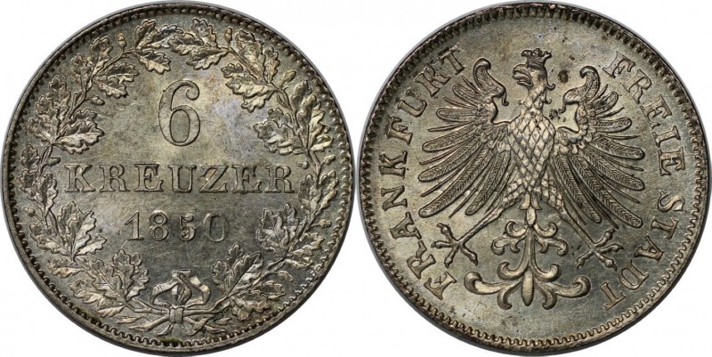 Altdeutsche Münzen und Medaillen, FRANKFURT, Freie Stadt. 6 Kreuzer 1850. Billon...
