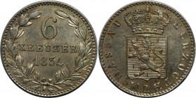 Altdeutsche Münzen und Medaillen, NASSAU. Wilhelm (1816-1839). 6 Kreuzer 1834. Billon. KM #53 . AKS 47. Stempelglanz