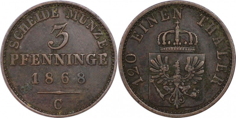 Altdeutsche Münzen und Medaillen, PREUßEN. 3 Pfenninge 1868 C, Kupfer. Sehr Schö...