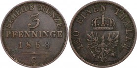 Altdeutsche Münzen und Medaillen, PREUßEN. 3 Pfenninge 1868 C, Kupfer. Sehr Schön-Vorzüglich