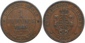 Altdeutsche Münzen und Medaillen, SACHSEN. Johann (1854-1873). Pfennig 1865 B, Kupfer. KM 1216 . AKS 155. Vorzüglich