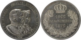 Altdeutsche Münzen und Medaillen, SACHSEN. 2 Taler (Vereinsdoppeltaler) 1872 B. Johann 1854-1873-Goldene Hochzeit. KM 1231. Vorzüglich