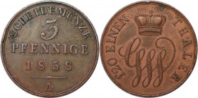 Altdeutsche Münzen und Medaillen, SCHAUMBURG-LIPPE. 3 Pfenninge 1858 A, CU. Vorzüglich - Stempelglanz