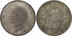 Altdeutsche Münzen und Medaillen, WÜRTTEMBERG. Wilhelm I (1816-1864). Gulden 1841, 25.Regierungsjubilaum, Vs: Kopf n.I. / Rs: Wurttembergia zwischen 2...