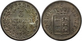 Altdeutsche Münzen und Medaillen, WÜRTTEMBERG. 3 Kreuzer 1855, Billon. KM #591. AKS 106. Fast Stempelglanz