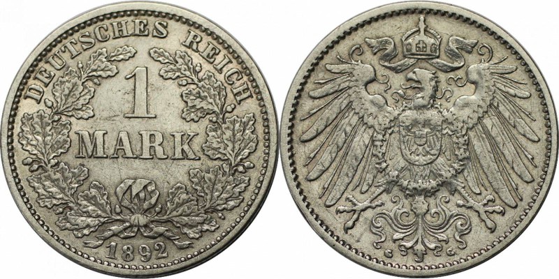 Deutsche Münzen und Medaillen ab 1871, REICHSKLEINMÜNZEN. 1 Mark 1892 G, Selten....