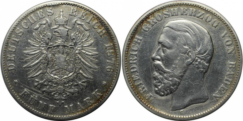 Deutsche Münzen und Medaillen ab 1871, REICHSSILBERMÜNZEN, Baden. 5 Mark 1876 G,...