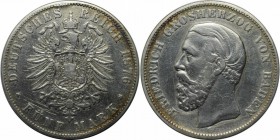 Deutsche Münzen und Medaillen ab 1871, REICHSSILBERMÜNZEN, Baden. 5 Mark 1876 G, Silber. Jaeger 27. Schön. Kratzer.