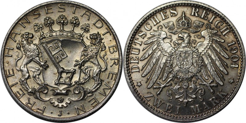 Deutsche Münzen und Medaillen ab 1871, REICHSSILBERMÜNZEN, Bremen. 2 Mark 1904 J...
