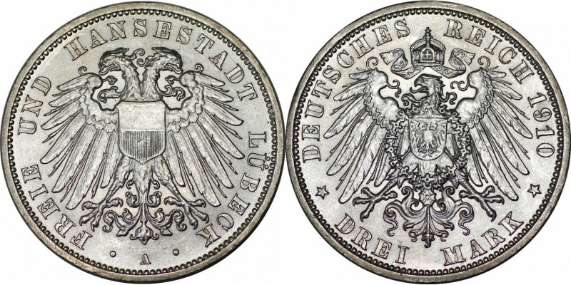 Deutsche Münzen und Medaillen ab 1871, REICHSSILBERMÜNZEN, Lübeck. 3 Mark 1910 A...
