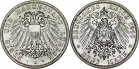 Deutsche Münzen und Medaillen ab 1871, REICHSSILBERMÜNZEN, Lübeck. 3 Mark 1910 A. Jaeger 82. Vorzüglich-stempelglanz.