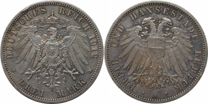 Deutsche Münzen und Medaillen ab 1871, REICHSSILBERMÜNZEN, Lübeck. 3 Mark 1912 A...