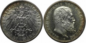 Deutsche Münzen und Medaillen ab 1871, REICHSSILBERMÜNZEN, Württemberg. Wilhelm (1891-1918). 3 Mark 1914 F, Silber. Jaeger 175. Vorzüglich-stempelglan...