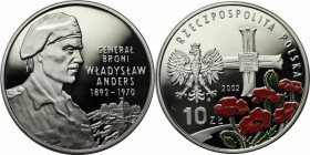 Europäische Münzen und Medaillen, Polen / Poland. GENERAL WLADYSLAV ANDERS (1892 - 1970). 10 Zloty 2002, Silber. 0.42OZ. KM Y#441. Polierte Platte