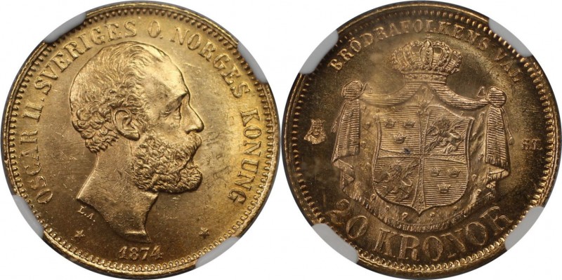 Europäische Münzen und Medaillen, Schweden / Sweden. Oscar II. 20 Kronor 1874 ST...