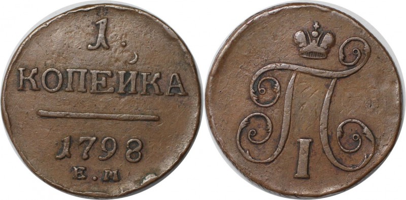 Russische Münzen und Medaillen, Paul I (1796-1801). 1 Kopeke 1798 EM, Kupfer. Bi...