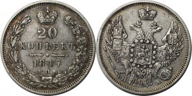 Russische Münzen und Medaillen, Nikolaus I. (1826-1855). 20 Kopeken 1847, Silber. Bitkin 332. Vorzüglich
