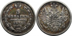 Russische Münzen und Medaillen, Nikolaus I. (1826-1855). 5 Kopeken 1851 SPB/PA, Silber. Bitkin 409. Sehr schön