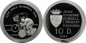 Weltmünzen und Medaillen , Andorra. Olympische Spiele 1996 - Radfahrer. 10 Diners 1994, Silber. 0.94 OZ. KM 95. Polierte Platte