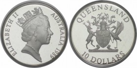 Weltmünzen und Medaillen , Australien / Australia. Elisabeth II. 10 Dollars 1989, 20 g., 0,925 Silber. 0,591 OZ. KM 114. Polierte Platte