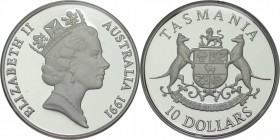 Weltmünzen und Medaillen , Australien / Australia. Elisabeth II. 10 Dollars 1991, 20 g., 0,925. Silber. 0,591 OZ. KM 153. Polierte Platte