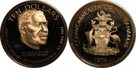 Weltmünzen und Medaillen , Bahamas. Erster Jahrestag der Unabhänigkeit - Sir Milo B. Butler. 10 Dollars 1974, Silber.1.5 OZ. KM 68a . Polierle Platte...
