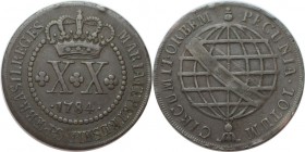 Weltmünzen und Medaillen , Brasilien / Brazil. Maria I et Petrus III. 20 Reis 1784, Kupfer. KM 202. Sehr schön