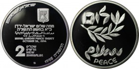 Weltmünzen und Medaillen , Israel. Friedensvertrag mit Jordanien. 2 New Sheqalim 1995, 0.93 OZ. Silber. KM 279. Polierte Platte