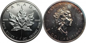 Weltmünzen und Medaillen , Kanada / Canada. Maple Leaf. 5 Dollars 1995, Silber. 1 OZ. KM 187. Stempelglanz, Feine Patina