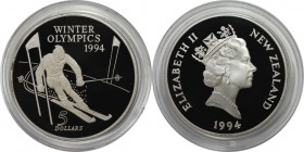 Weltmünzen und Medaillen , Neuseeland / New Zealand. Olympische Spiele - Slalomläufer. 5 Dollars 1994, Silber. 0.93 OZ. Polierte Platte