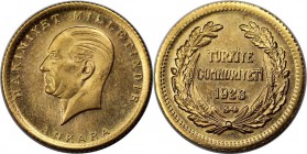 Weltmünzen und Medaillen , Türkei / Turkey. 50 Kurush 1923 / 54, 1.06 OZ. 3.61 g. Gold. KM 853. Stempelglanz
