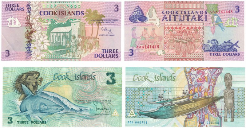 Banknoten, Cookinseln / Cook Islands, Lots und Sammlungen. 2 x 3 Dollars 1987, 1...