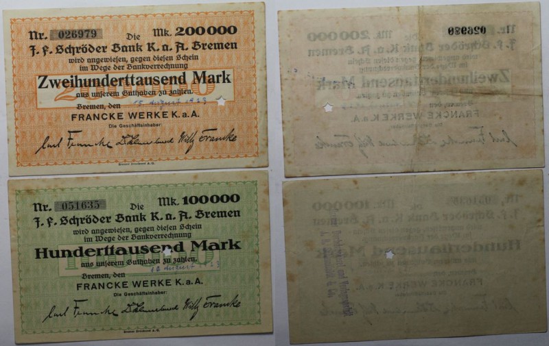 Banknoten, Deutschland / Germany. Notgeld Bremen, Inflation. 100 000 Mark, 200 0...