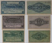 Banknoten, Deutschland / Germany. Notgeld Cottbus, Brandenburg. 5, 10, 20 Mark 20.11.1918. 3 Stück. Geiger 85.01a, 02a, 03. II