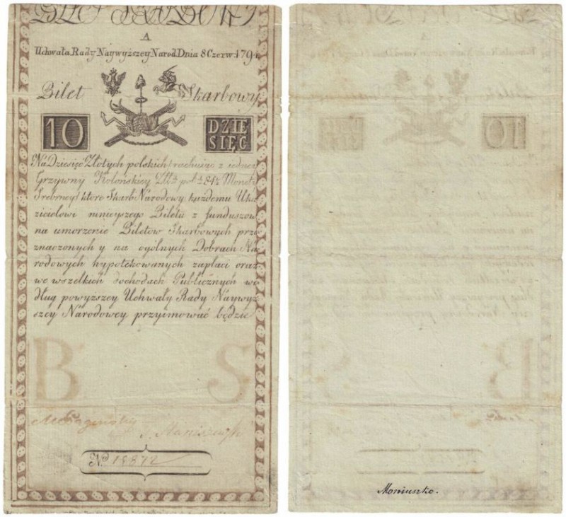Banknoten, Polen / Poland. 10 Zlotych 1794. Ser. A, № 19872. Pick: A2. F-VF