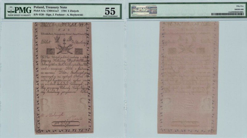 Banknoten, Polen / Poland. 5 Zlotych 1794. Ser. NA2, N 4120, w/wmk, sign. J.Fech...