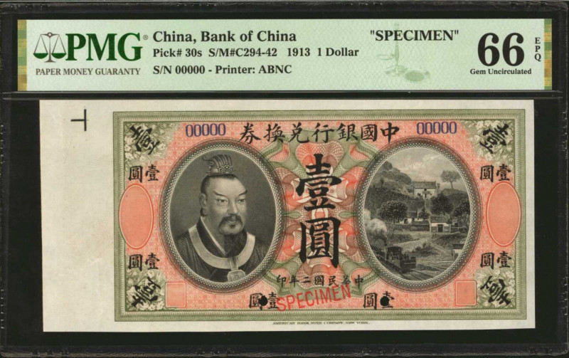 (t) CHINA--REPUBLIC. Bank of China. 1 Dollar, 1913. P-30s. Specimen. PMG Gem Unc...