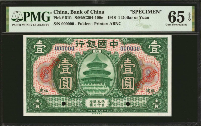 (t) CHINA--REPUBLIC. Bank of China. 1 Dollar, 1918. P-51fs. Specimen. PMG Gem Un...
