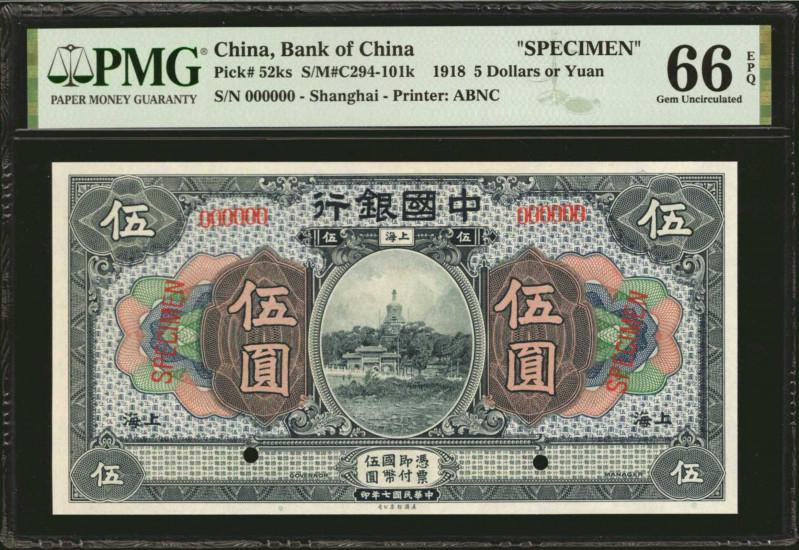 (t) CHINA--REPUBLIC. Bank of China. 5 Yuan, 1918. P-52ks. Specimen. PMG Gem Unci...