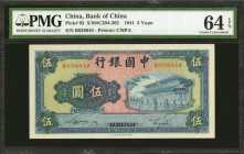 CHINA--REPUBLIC. Bank of China. 5 Yuan, 1941. P-93. PMG Choice Uncirculated 64 EPQ.

Printed by CMPA. Temple at right on obverse. A nearly Gem offer...