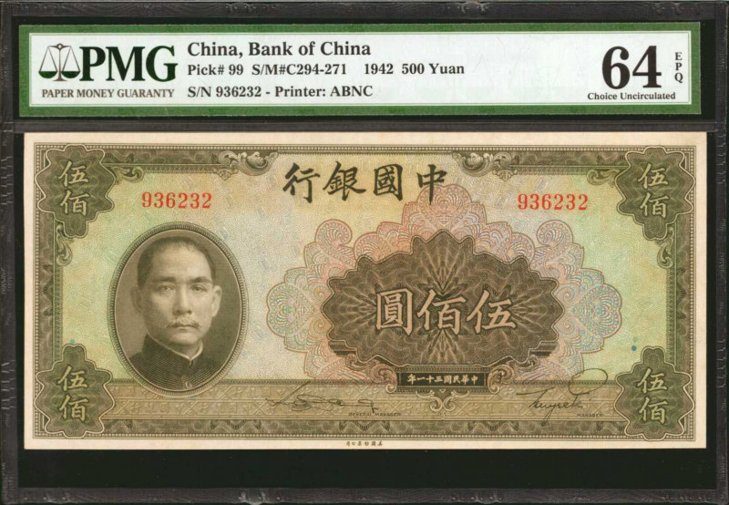 CHINA--REPUBLIC. Bank of China. 500 Yuan, 1942. P-99. PMG Choice Uncirculated 64...