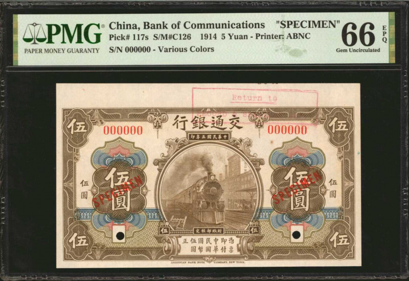 (t) CHINA--REPUBLIC. Bank of Communications. 5 Yuan, 1914. P-117s. Specimen. PMG...
