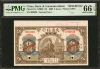 (t) CHINA--REPUBLIC. Bank of Communications. 5 Yuan, 1914. P-117s. Specimen. PMG Gem Uncirculated 66 EPQ.

(S/M#C126). Various Colors. Printed by AB...