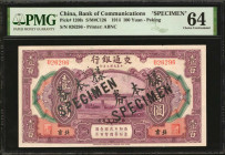(t) CHINA--REPUBLIC. Bank of Communications. 100 Yuan, 1914. P-120fs. Specimen. PMG Choice Uncirculated 64.

(S/M#C126). Printed by ABNC. Peking. Da...