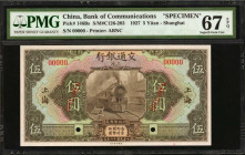 (t) CHINA--REPUBLIC. Bank of Communications. 50 Yuan, 1927. P-146Bs. Specimen. PMG Superb Gem Uncirculated 67 EPQ.

(S/M#C126-203). Printed by ABNC....