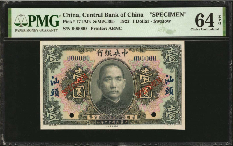 (t) CHINA--REPUBLIC. Central Bank of China. 1 Dollar, 1923. P-171Afs. Specimen. ...