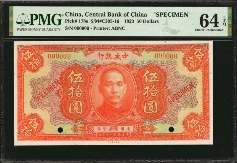 (t) CHINA--REPUBLIC. Central Bank of China. 50 Dollars, 1923. P-178s. Specimen. ...