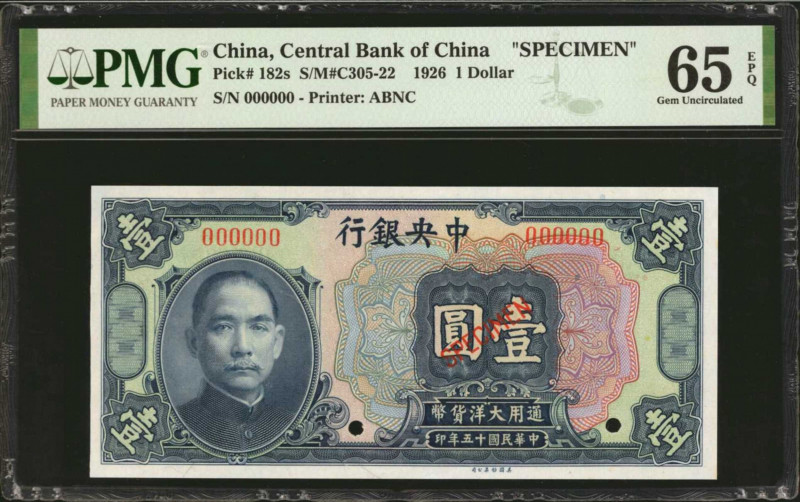CHINA--REPUBLIC. Central Bank of China. 1 Dollar, 1926. P-182s. Specimen. PMG Ge...