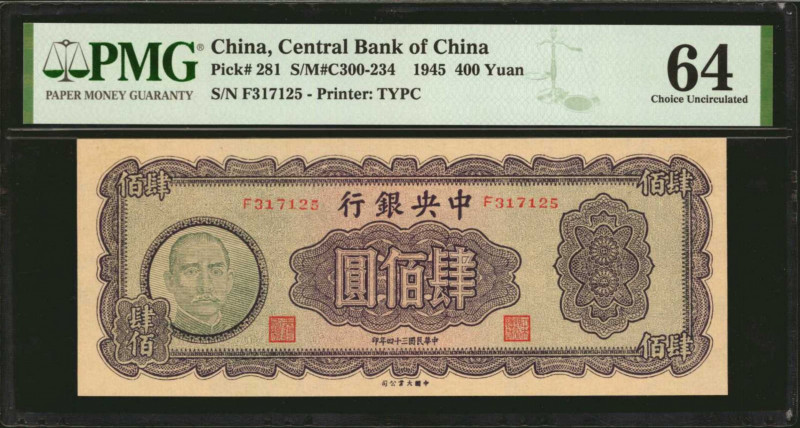 CHINA--REPUBLIC. Central Bank of China. 400 Yuan, 1945. P-281. PMG Choice Uncirc...